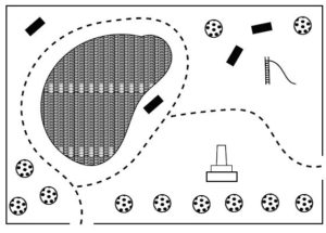 Tactile graphic of a park with a fence around the edge, round trees, a lake on the left, a dashed pathway, rectangular seats, a slide and a monument. 