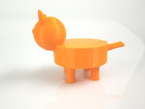 3D printed model of a cat with spherical head, triangular ears, and cylindrical legs, body and tail