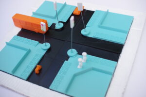 3D printed street crossing in four pieces with traffic lights, traffic and pedestrians
