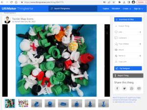 Screenshot from Thingiverse website with Tactile Map Icons by leonah