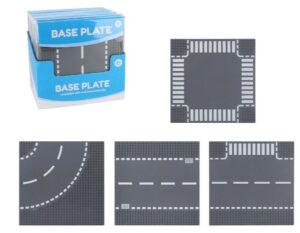 Lego-compatible base plates with cross intersection, curved road, straight road or T-intersection