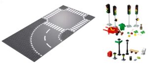 Lego base plates with roads, traffic lights, street lights and other street scene items