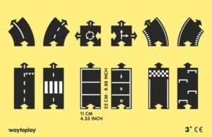 black road segments with white lane markings. They include curve, cross road, straight and straight with zebra crossing