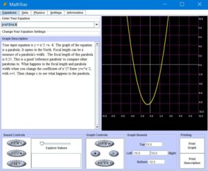 screenshot with equation, graph of parabola, written description and audio controls