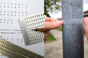 Left: Slate and stylus with braille alphabet sheet. Right: Placing a clear sticky label on the pole for a parking sign. 