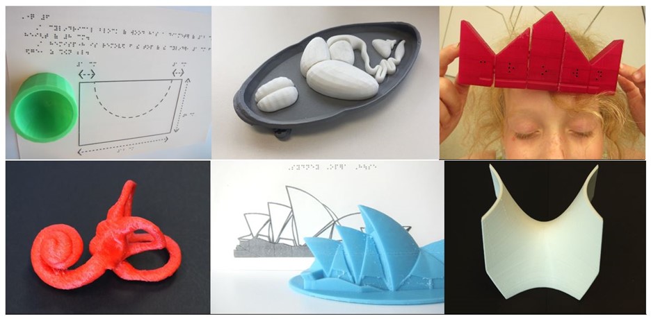 Complex 3D printed shapes, some with accompanying tactile diagram: a mathematics exam question; a frog dissection; a braille puzzle in the shape of a crown; the inner ear; the Sydney Opera House; a paraboloid 3D graph