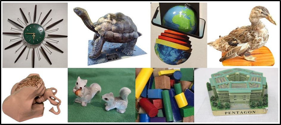 Photographs of readily available 3D objects: clock with tactile markers and moveable hands; lifesize bronze statue of a giant tortoise; learning globe with raised landmasses, with removable mantle layers; taxidermied duck; Jackson model showing the female reproductive system; porcelain squirrel ornaments; wooden blocks of geometric shapes; tourist model of the Pentagon building